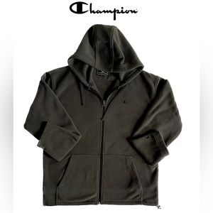 Champion Fleece Full Zip-Up Jacket Drawstring Hood 2 Pockets Green-Gray Large